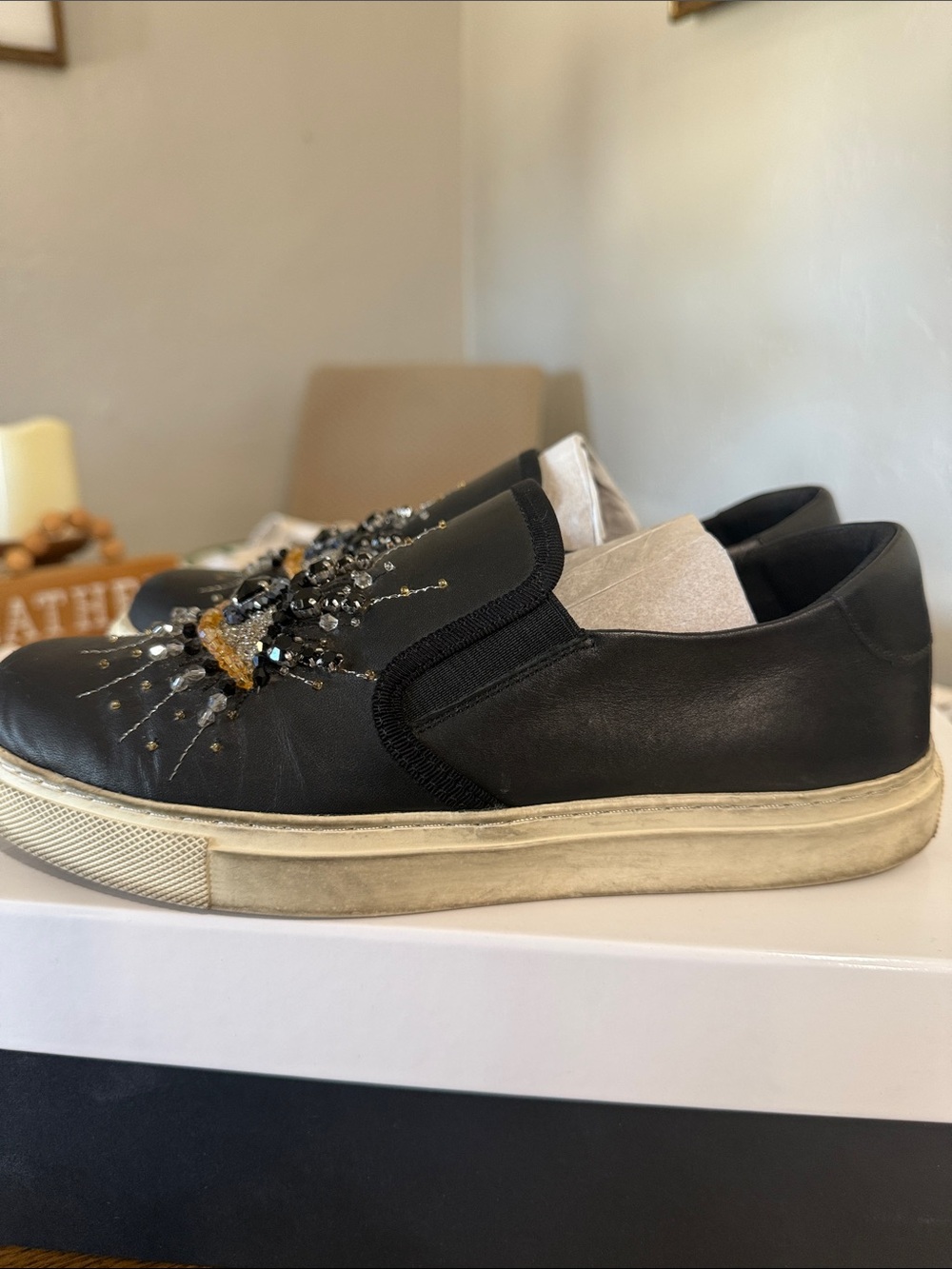 Kurt Geiger Black Leather Slip-On Embellished Sneakers - Picture 3 of 7